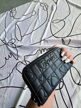 Betsey Johnson Black Quilted Heart Zip-Around Wallet